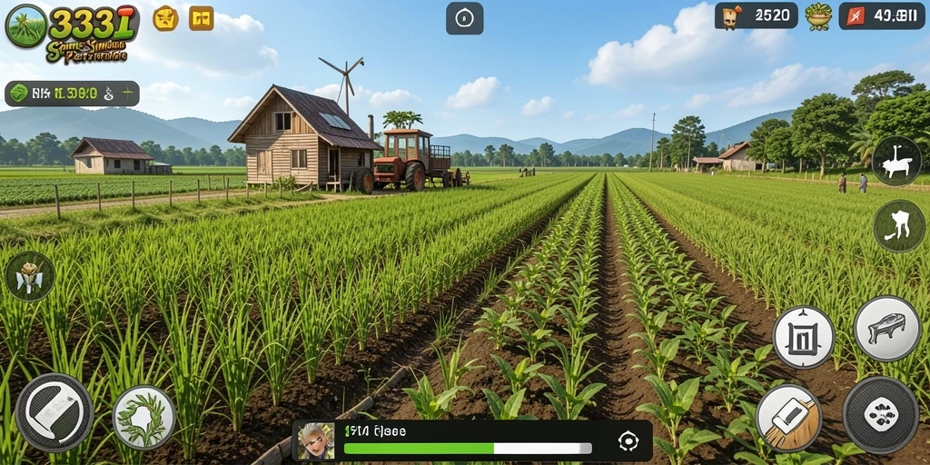 Tampilan gameplay 333I yang menampilkan pertanian yang indah dan aktivitas merawat tanaman.