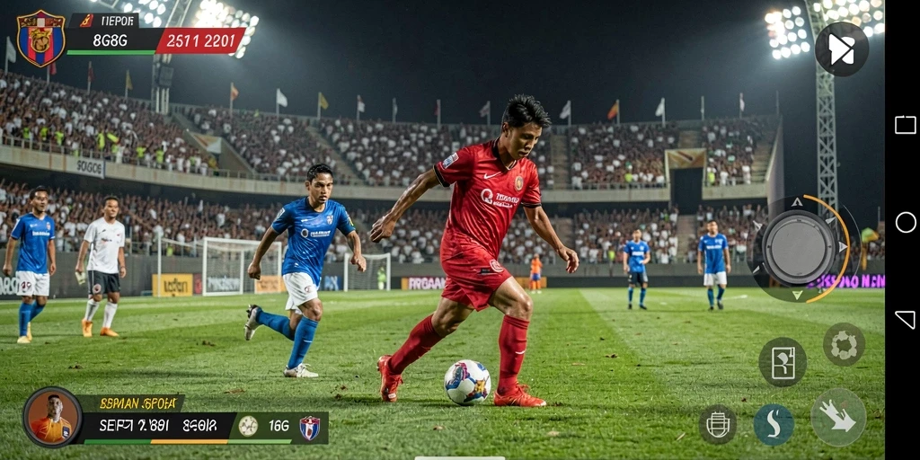 Screenshot gameplay menampilkan aksi seru di lapangan sepak bola.