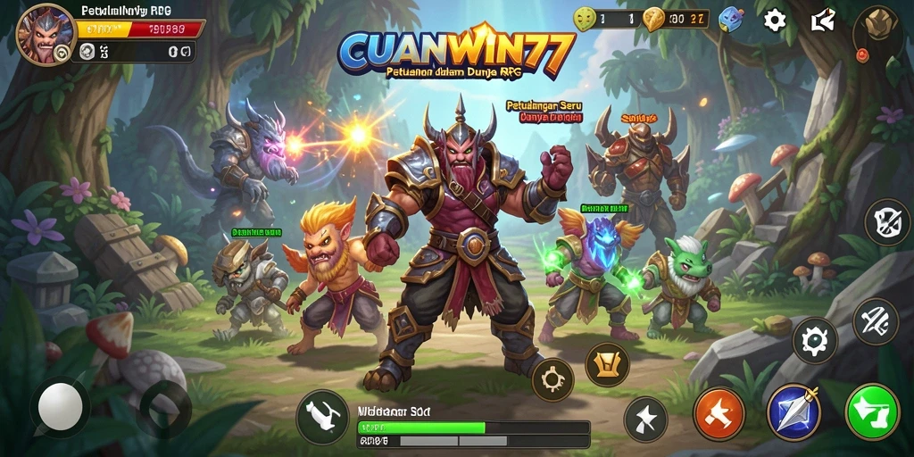 Tampilan screenshot CUANWIN77 yang menampilkan karakter dalam pertempuran RPG.