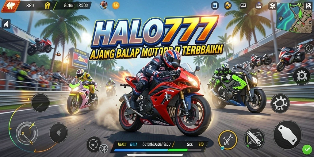 Screenshot gameplay <strong>HALO777</strong> dengan balapan motor yang mendebarkan.