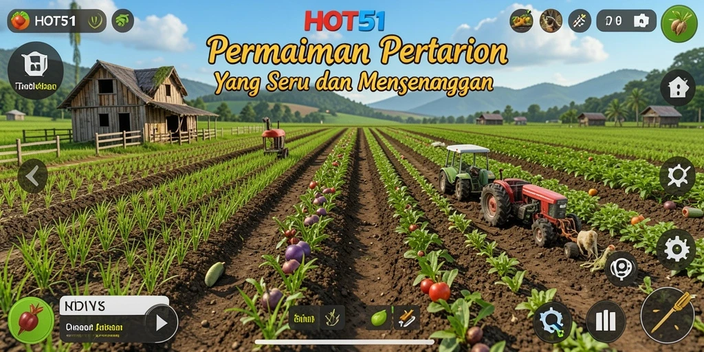 Tangkapan layar permainan HOT51 menampilkan ladang yang subur dan aktivitas bertani yang mendebarkan.