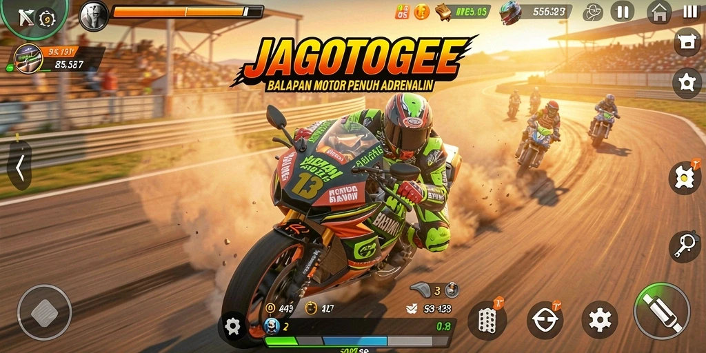 Screenshot gameplay JAGOTOGEL menampilkan balapan motor yang menegangkan.
