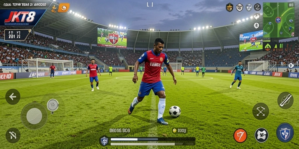 Screenshot gameplay JKT8 menunjukkan aksi seru di lapangan sepak bola.