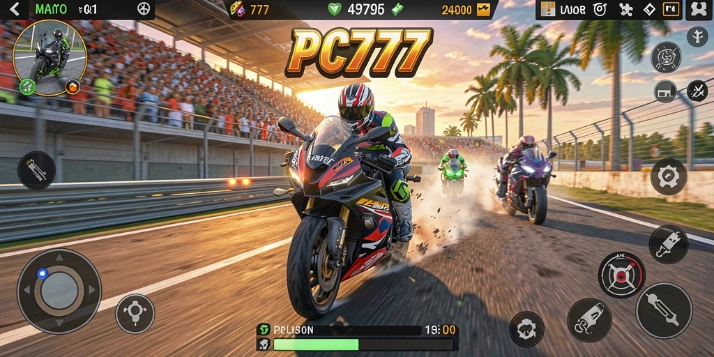 Tampilan gameplay seru dari PC777 saat balapan motor.