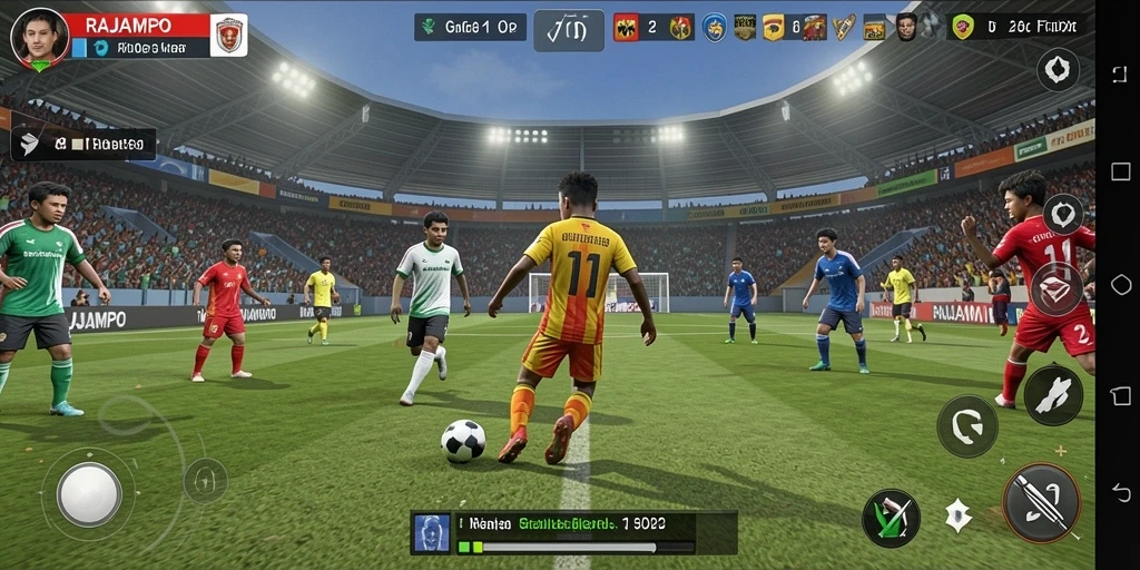 Tampilan screenshot menarik dari gameplay sepak bola RAJAMPO.