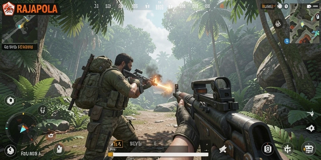 Screenshot gameplay RAJAPOLA menampilkan aksi tembak-menembak yang intens.