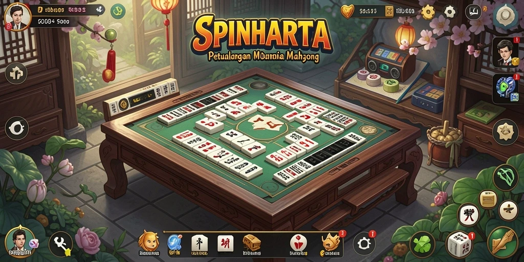 Tampilan gameplay menarik SPINHARTA dengan ubin Mahjong berwarna-warni.
