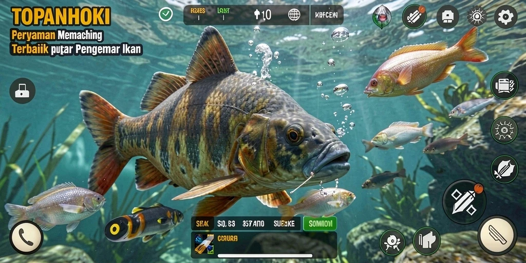 Screenshot gameplay TOPANHOKI dengan suasana memancing yang menegangkan.